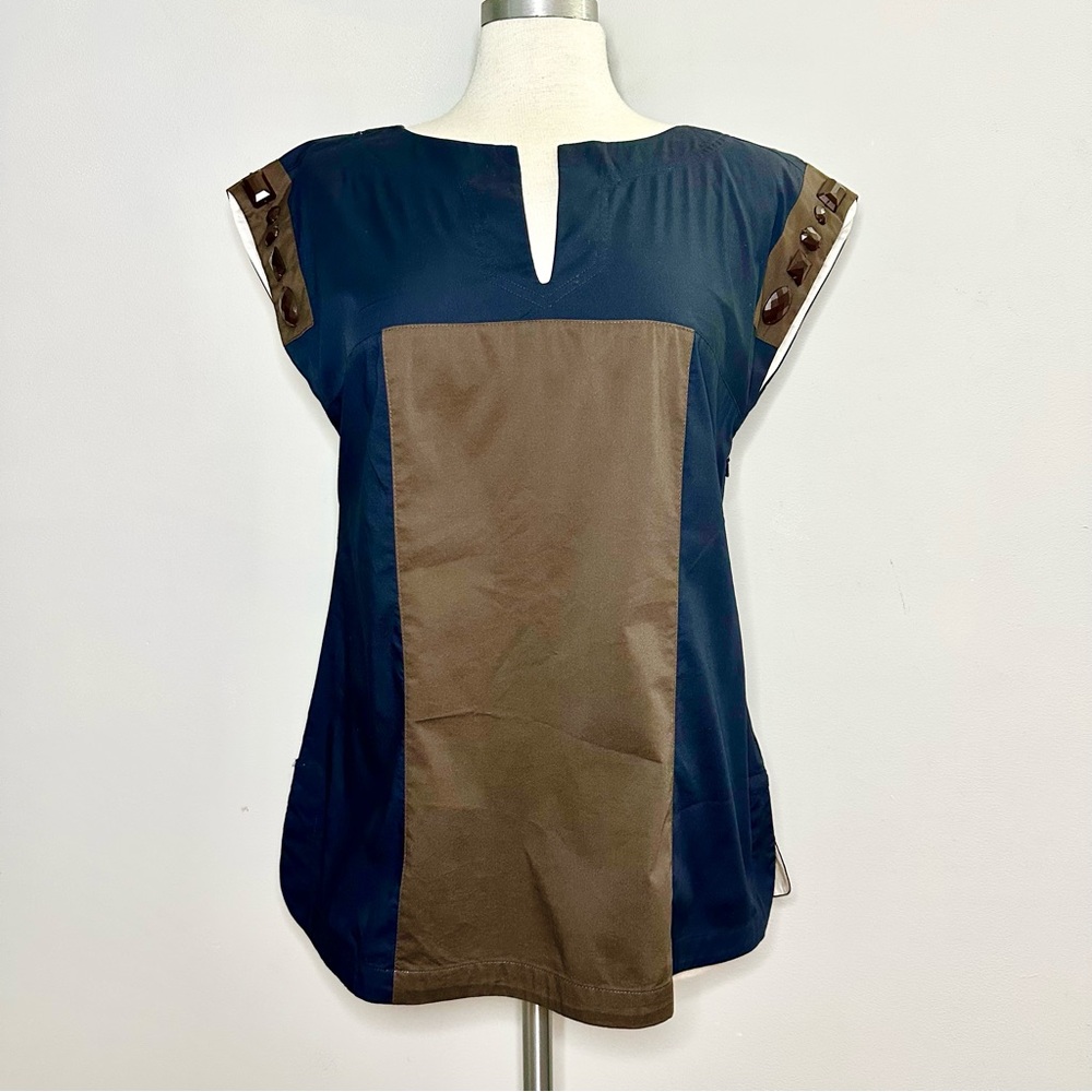 Marina Rinaldi Italian Luxury Designer Colorblock Embellished Tunic Top IT 13